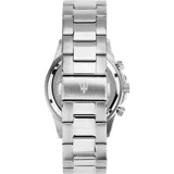 Reloj Maserati Competizione con caja de acero plateado de 43mm, esfera azul sunray, bisel cerámico negro, índices luminiscentes y brazalete de acero.