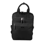 Mochila negra de poliéster con formato rectangular y diseño de gran capacidad. Tiene acceso con cierre doble, dos bolsillos externos con cierre, un bolsillo interno con cierre y dos bolsillos internos abiertos. Se puede llevar en la mano con las asas fijas o como mochila con las correas regulables.