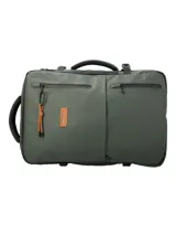 Mochila RKF unisex de poliéster reciclado repelente al agua, color gris. Cuenta con tres compartimentos independientes con cierre, compartimento para laptop de 15 pulgadas, triple bolsillo frontal con cierre, mango lateral, correas ajustables, almohadillas en la espalda, pasador para maleta y broches laterales.