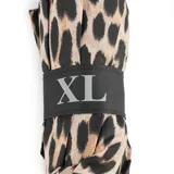 Paraguas automático con estampado de leopardo, mango plateado y correa de muñeca negra.