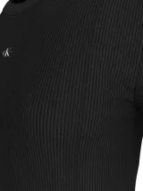 Remera negra de algodón elástico con textura de canalé fino, corte ajustado, cuello redondo, mangas cortas e insignia del monograma de Calvin Klein en el dobladillo.