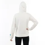 Campera blanca de algodón con cierre frontal, capucha y bolsillos tipo canguro. Estampado grande con el logo de Diadora en color azul en el frente.