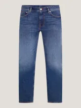 Pantalón jean de corte recto entallado, color azul con efecto desteñido en los muslos.