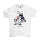 Remera blanca de algodón con estampado de la película 'La Sociedad de la Nieve'.