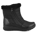 Bota de caña media color negro, con cierre lateral y detalle de piel sintética en el borde superior.
