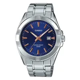 Reloj Casio MTP1308D-2AVDF para hombre, con caja y pulsera de acero plateado, esfera azul con agujas y marcadores dorados, y cristal mineral. Resistente al agua hasta 50 metros.