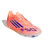 Championes de fútbol Adidas F50 League Fg/mg color naranja con detalles en azul.