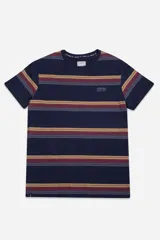 Remera de hombre de rayas en tonos azul marino, con escote redondo y logotipo bordado.