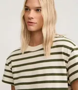 Remera de algodón a rayas horizontales azules y blancas, de manga corta y cuello redondo.