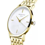 Reloj Rosefield con caja redonda de acero dorado, esfera de nácar blanco y malla de acero inoxidable dorada.