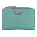 Billetera Guess modelo Laurel color turquesa, con textura saffiano, cierre con cremallera, logo metálico frontal y herrajes dorados. Interior con compartimentos para billetes, monedas y tarjetas.