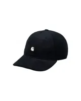 Gorra de béisbol negra de pana con logo bordado en blanco en el frente.