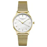 Reloj Rosefield modelo Pearl Edit RMGMG-R06, con caja dorada de acero inoxidable, esfera de nácar blanco y malla de acero dorada.