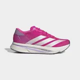 Championes de running Adidas Adizero SL2, color fucsia vibrante con tres franjas laterales plateadas. Presentan una mediasuela gruesa blanca con detalles en lila y la inscripción "LIGHTSTRIKE PRO".