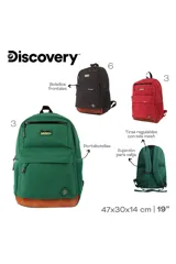 Mochila Discovery color bordeaux con base reforzada en color marrón. Presenta un compartimento principal con cierre, un bolsillo frontal de gran tamaño, un bolsillo superior pequeño con cierre y bolsillos laterales de malla. Incluye asa de mano superior y correas ajustables.