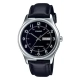 Reloj Casio MTPV006L-1B2UDF para hombre, con correa de cuero negro, esfera negra y números arábigos plateados. La caja es plateada y mide 40mm de diámetro. Tiene indicador de día y fecha. Es resistente al agua.