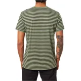 Remera de manga corta verde con rayas horizontales en tonos de verde y gris, con bolsillo en el pecho.