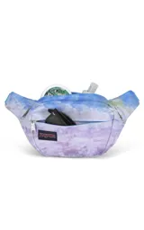 Riñonera JanSport Fifth Avenue negra con estampado de rayos blancos.