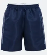 Short deportivo azul marino de microfibra con cintura elástica y bolsillos laterales. Presenta paneles laterales de malla.