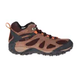 Bota de senderismo Merrell Yokota 2 Mid WP color marrón, con detalles en negro y naranja. Fabricada con gamuza y malla resistente a la abrasión, con membrana impermeable y suela de goma.