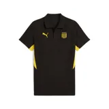 Polo Puma Cap Evostripe de hombre, color negro con detalles en amarillo, cuello clásico con botones, logo de Puma bordado en el pecho y escudo del Club Atlético Peñarol.