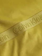Chomba color ocre de corte recto, con cuello clásico y tapeta de dos botones. Presenta una banda horizontal en el pecho con el logo de Calvin Klein bordado en relieve.