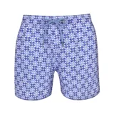 Short de baño con estampado de círculos concéntricos en tonos de azul y celeste, con cordón ajustable celeste.
