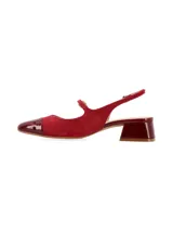 Zapato destalonado negro con taco cuadrado forrado en charol, capellada de cuero nobuck y cuero charol, forro y plantilla de cuero, suela de TR.
