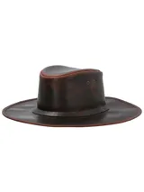 Sombrero de cuero marrón oscuro, estilo vaquero o fedora de ala ancha, con corona moldeada y orificios de ventilación laterales.
