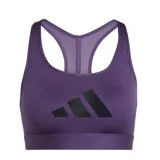 Top deportivo Adidas de color violeta con el logotipo de la marca en grande en el frente en color negro. Presenta un diseño de espalda deportiva con panel de malla para mayor transpirabilidad y una banda elástica en la base para soporte.