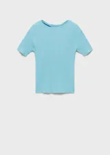 Jersey celeste de punto de canalé con manga corta, cuello redondo y abertura en la espalda con detalle de nudo.