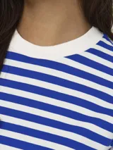Camiseta de manga corta a rayas horizontales azules y blancas con cuello redondo.