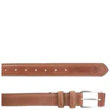 Cinturón marrón de cuero natural con hebilla metálica plateada y doble pasador de cuero.