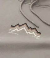 Hoodie cerrado de algodón con felpa, color beige claro, corte comfort. Presenta capucha con cordón ajustable, bolsillo canguro y puños y ruedo ajustados. Estampa minimalista de montañas en el pecho con líneas en tonos marrón, negro y rosado.