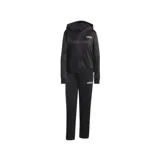 Conjunto deportivo Adidas Essentials Linear negro, compuesto por campera con capucha y pantalón. La campera tiene cierre frontal, corte holgado, puños y dobladillo acanalados. El pantalón es de corte ajustado, con cintura elástica y bolsillos laterales.