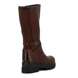 Bota de dama de caña media color marrón oscuro, con dos tiras cruzadas y hebilla decorativa.