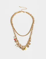 Collar corto dorado de cadenas con multidijes esmaltados y de metal, con cierre de mosquetón.