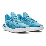 Championes de básquet Under Armour Curry 11, color celeste con detalles en azul y suela blanca.