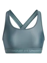 Top deportivo Under Armour color azul con espalda cruzada y logo en el frente.