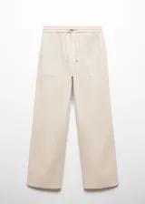 Pantalón beige de corte recto con cintura elástica y bolsillos frontales.