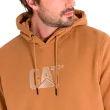 Buzo canguro color marrón claro con capucha ajustable y cordones. Tiene el logo de CAT bordado en el pecho y un bolsillo tipo canguro en la parte delantera.