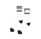 Par de medias blancas con puntera y talón negros. Una media tiene el logo de Santa Cruz y la otra el logo de Thrasher.