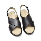 Sandalias negras de cuero con plataforma, tiras cruzadas y tira trasera con ajuste elástico.