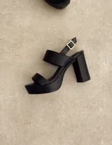 Sandalias negras de cuero sintético con plataforma y tacón cuadrado. Tienen dos tiras anchas sobre el empeine y una tira con hebilla alrededor del tobillo.