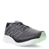 Championes New Balance 680 para running, color gris con detalles en negro, blanco y verde. Confeccionados en tejido knit sin costuras y mediasuela Fresh Foam.