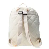 Mochila acolchada color blanco hueso con patrón de rombos. Presenta un bolsillo frontal con cierre y un parche de goma transparente con el logo "N+ Club".