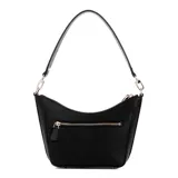 Cartera Guess Eco Gloriana Chica color negro con logo triangular metálico dorado en el frente, correa de hombro ajustable y cadena decorativa.