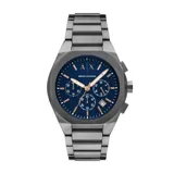 Reloj Armani Exchange modelo Sync, con caja octogonal de acero gris oscuro y esfera azul con detalles en dorado. Correa de acero gris oscuro con cierre desplegable. Movimiento cronógrafo y resistencia al agua de 50 metros.