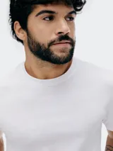 Camiseta básica de manga corta, cuello redondo y calce regular, color rojo jaspeado.