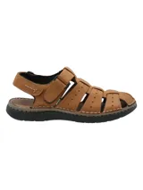 Sandalia de cuero color marrón con tiras enlazadas y ajuste de velcro.